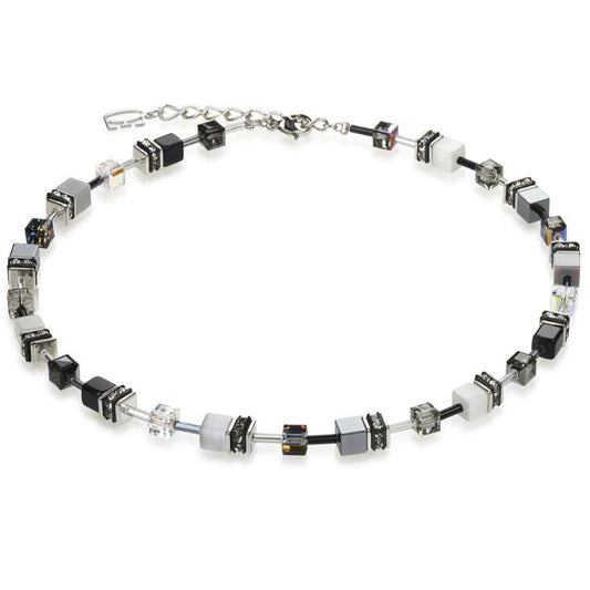 Coeur de Lion Stainless Steel Black, White Hematite Geo Cube Necklace 4014/10-1412