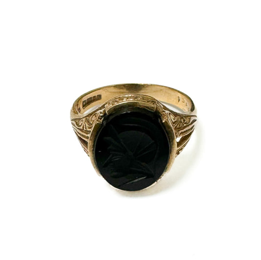 9ct Yellow Gold Black Carved Stone Signet Ring - Pre-Loved