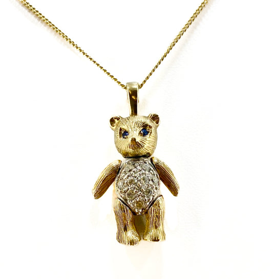 9ct Yellow Gold Moveable Teddy Bear Pendant With Stone Set Eyes and Tummy Pre Loved