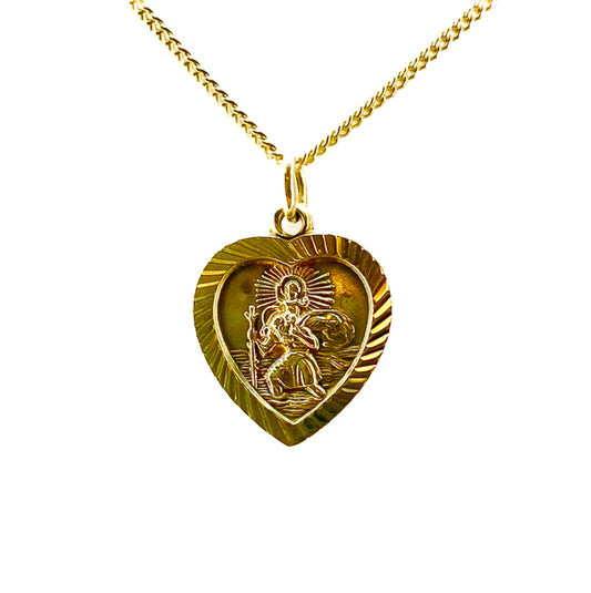 9ct Yellow Gold St Christopher Small Heart Shape Pendant Pre Loved
