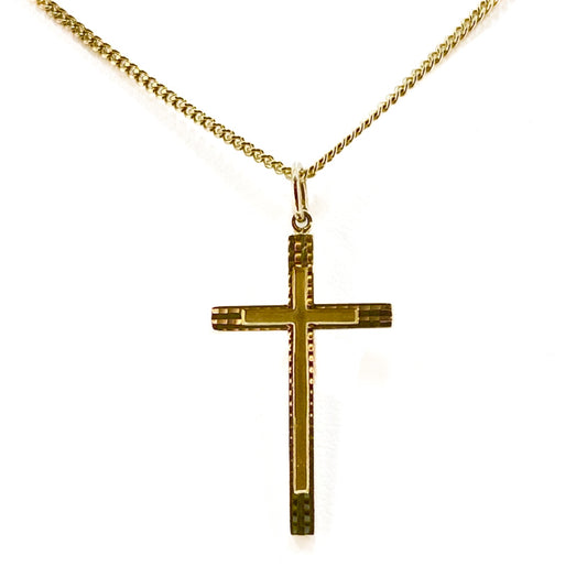 9ct Yellow Gold Cross Pendant With Patterned Edges Pre-loved