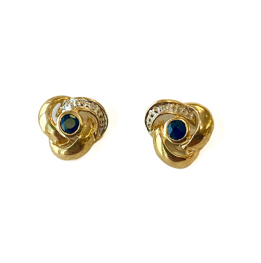 PLE07 9ct Yellow Gold Dark Sapphires & Diamonds Knot Stud Earrings Pre-Loved