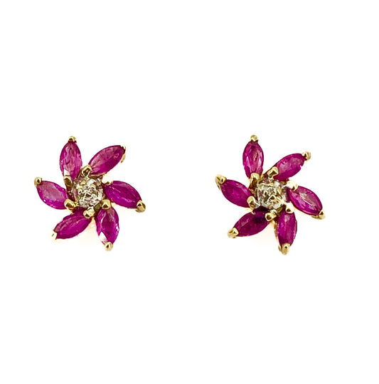 PLE03 9ct Yellow Gold Flower Cluster Ruby and Diamond Stud Earrings Pre-Loved