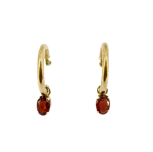 9ct Yellow Gold Hoop Earrings With Interchangeable Amethyst, Garnet and Topaz Charms - Pre Loved