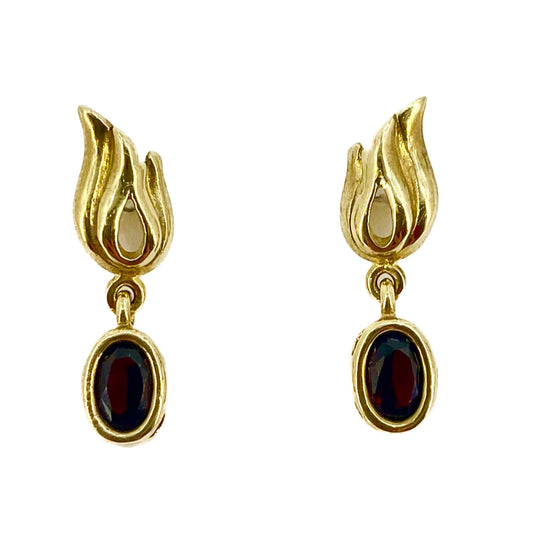 9ct Yellow Gold Tulip Flowers with Oval Garnet Drop Style Stud Earrings Pre-Loved