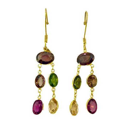 14ct Yellow Gold Dangle Drop Earrings With Multi-Coloured Oval Stones Pre Loved