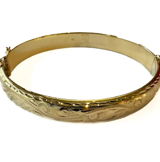 PLB14 Preloved 9ct Y/G Engraved Hinge Bangle with safety chain 10.5grms