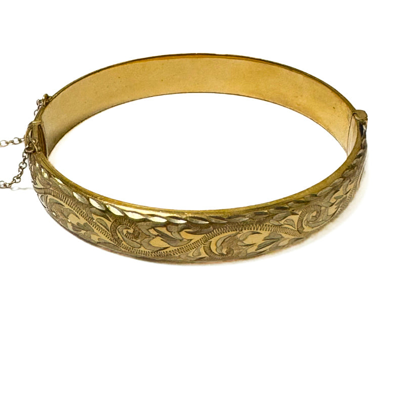 Rolled (Plated) Gold 9ct Patterned Hinge Bangle With Safety Chain Pre Loved