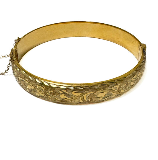 Rolled (Plated) Gold 9ct Patterned Hinge Bangle With Safety Chain Pre Loved