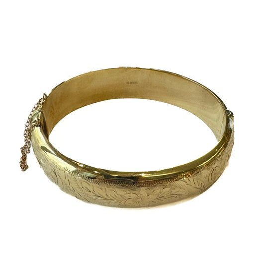 9ct Yellow Gold Hollow Patterned Bangle With Safety Chain Pre Loved