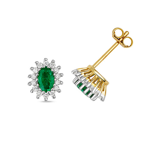 9ct Yellow Gold Emerald Diamond Cluster Stud Earrings