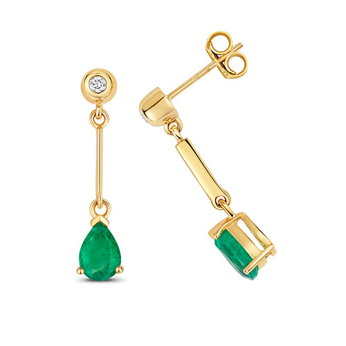 9ct Yellow Gold Emerald & Diamond Drop Earrings