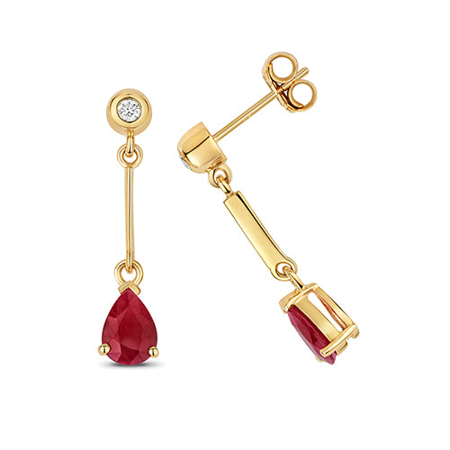 9ct Yellow Gold Ruby & Diamond Drop Earrings