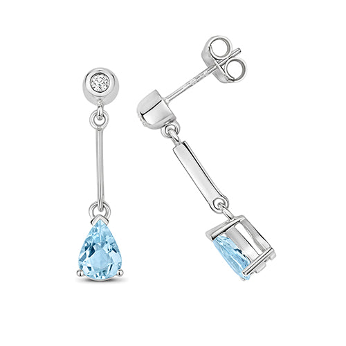 9ct White Gold Aquamarine & Diamond Drop Earrings