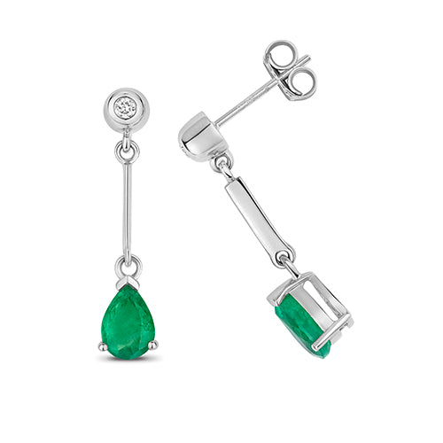 9ct White Gold Emerald & Diamond Drop Earrings