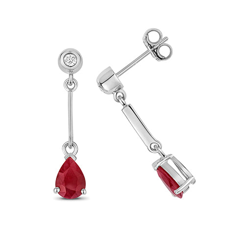 9ct White Gold Ruby & Diamond Drop Earrings