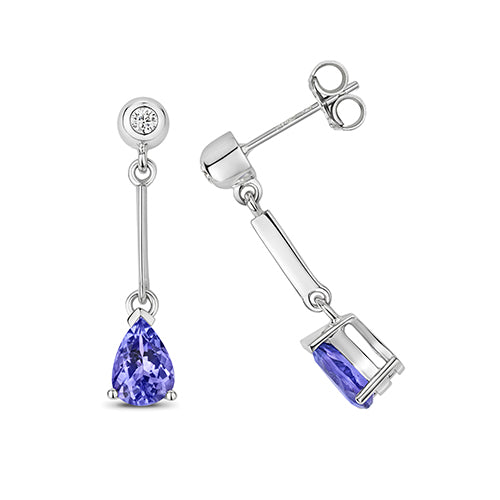9ct White Gold Tanzanite & Diamond Drop Earrings