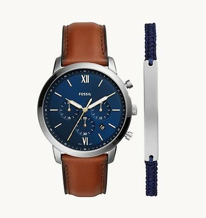 FOSSIL Neutra Chronograph Luggage Leather Watch and Bracelet Set FS5708SET