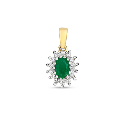 9ct Yellow Gold Emerald Diamond Cluster Pendant