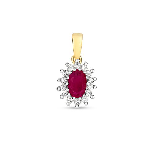 9ct Yellow Gold Ruby Diamond Cluster Pendant