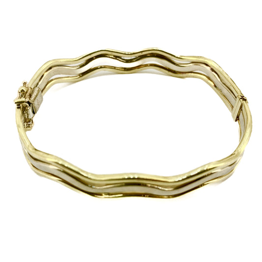 PLB57 9ct 2-Tone White and Yellow Gold Wave Hinged Bangle With Figure of 8 Safety Clasp Pre Loved 14.1g