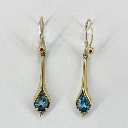 9ct Two Tone Yellow and White Gold Drop Dangle Blue Topaz and Diamond Earrings Pre Loved