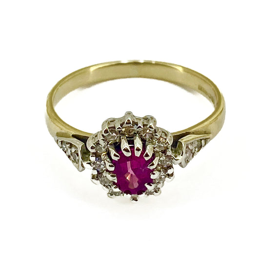 PLR203 Preloved 9ct Y/G Ruby/Diamond Cluster Ring Size L  2.2grms