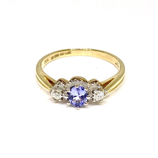 9ct Gold Tanzanite & Diamond 3 Stone Pre-Loved Ring