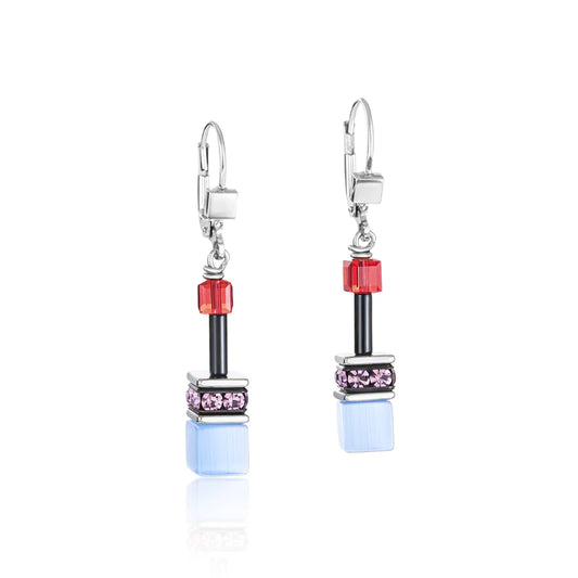 Coeur de Lion Stainless steel Red Blue Geo cube drop earrings 2838/20-0841