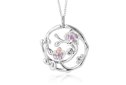 Clogau Silver/9ct gold with Pink Sapphires set Orchid Pendant on chain Ref 3SONP3