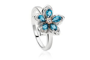 Clogau Silver & 9ct gold Forget me not London Blue Topaz set ring Ref 3SFMNR Size L