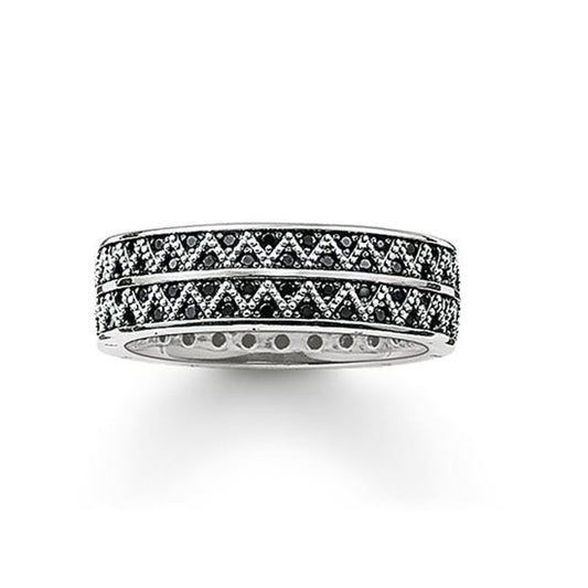 Thomas Sabo Sterling Silver Black CZ set Zig Zag band ring TR2051-643-11-54 Size 54/N