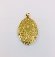Load image into Gallery viewer, 9ct yellow gold Celtic design Locket with engraved back 6.6grms 2.8cms width  x 4cms length

