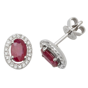 18ct White Gold Oval Ruby & Diamonds Cluster Earrings