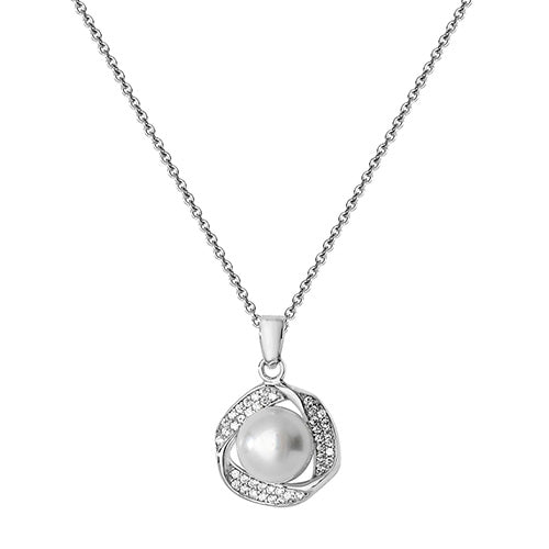 Sterling Silver with Fresh Water Pearl & CZ Pendant on Chain