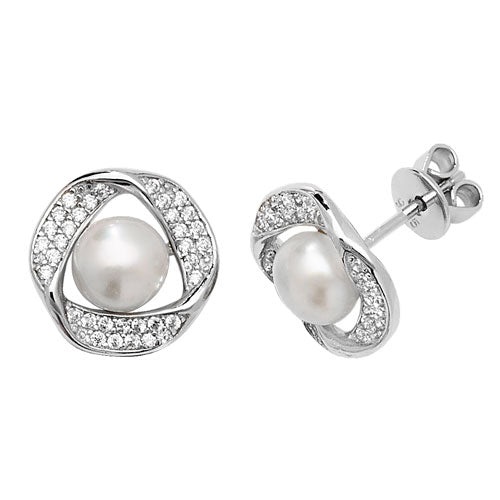Sterling Silver Fresh Water Pearls and Cubic Zirconia Earrings